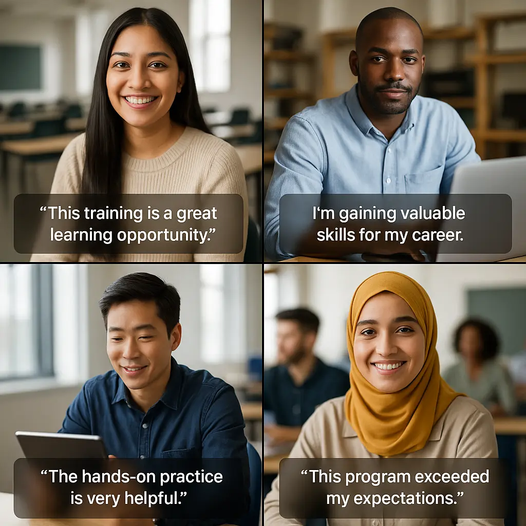  Authentic, high-quality photos of diverse trainees in classrooms or using digital tools in real work settings, with brief quotes.