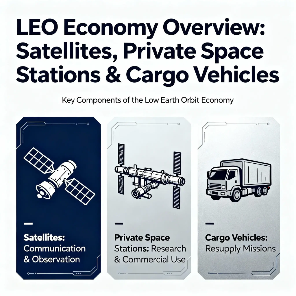 LEO economy, with satellites, private space stations, and cargo vehicles
