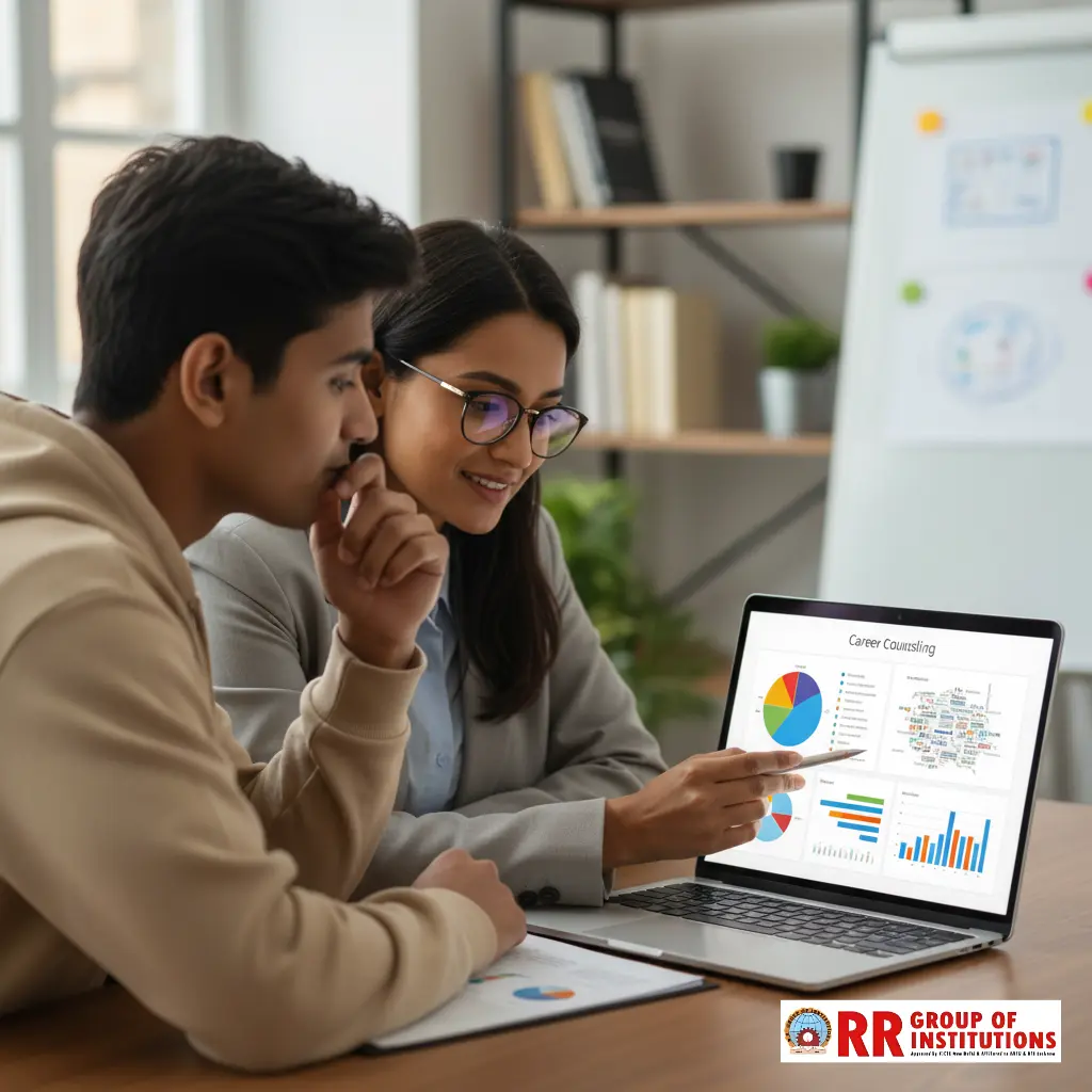 A professional career counsellor guiding a student after 12th grade, analyzing psychometric test results on a laptop.