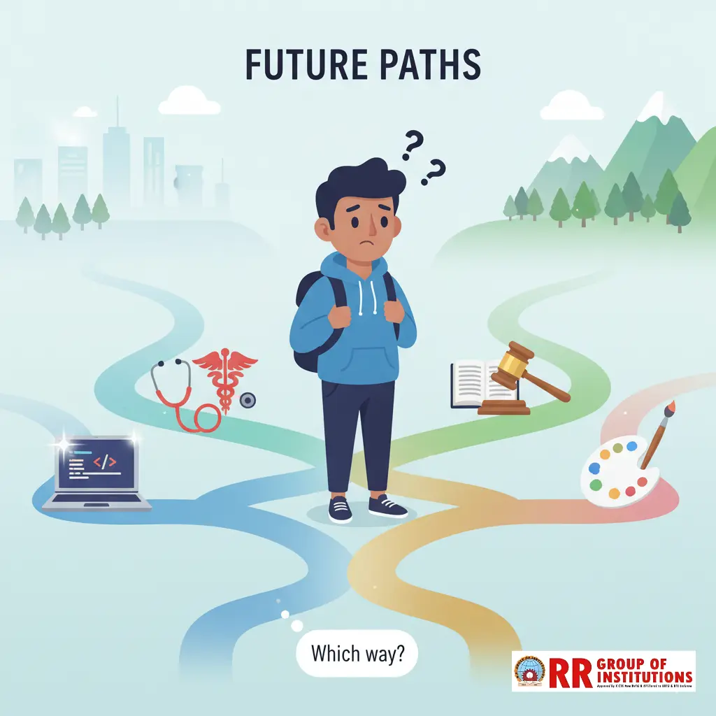 A student standing at a crossroads after 12th grade, facing multiple career paths, illustrating the need for career counselling services.