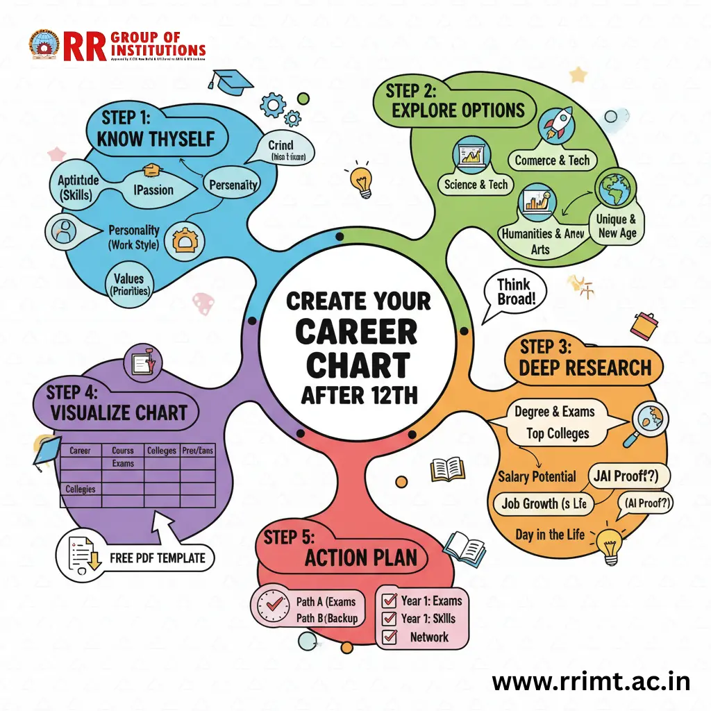 A mind map illustrating the 5-step process for creating a career chart.
