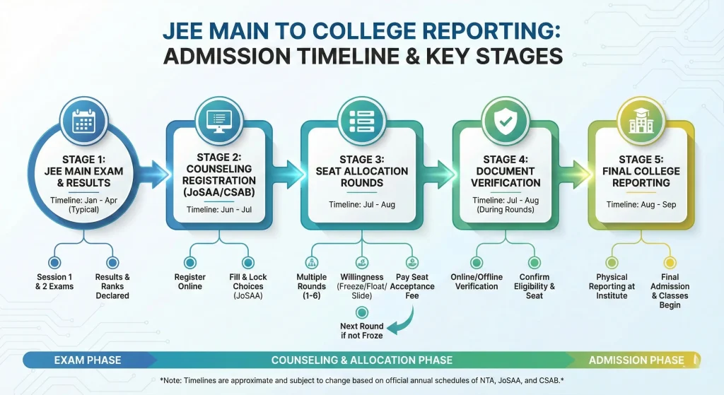Admission timeline for JEE Main to college reporting Engineering Colleges in UP