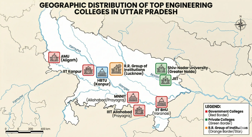 Geographic distribution of top engineering colleges in UP Engineering Colleges in UP