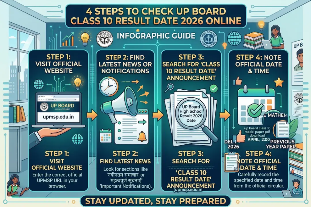 Infographic showing the 4 steps to check the class 10 up board result date 2026 online.