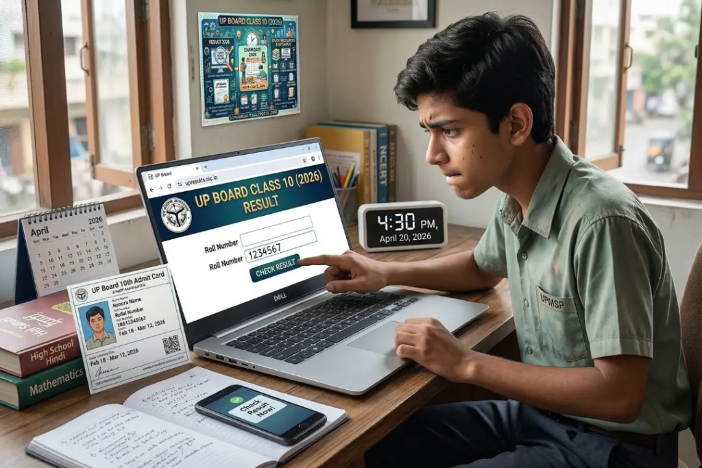 A student anxiously checking the sarkari result 2026 up board class 10 portal on a laptop.